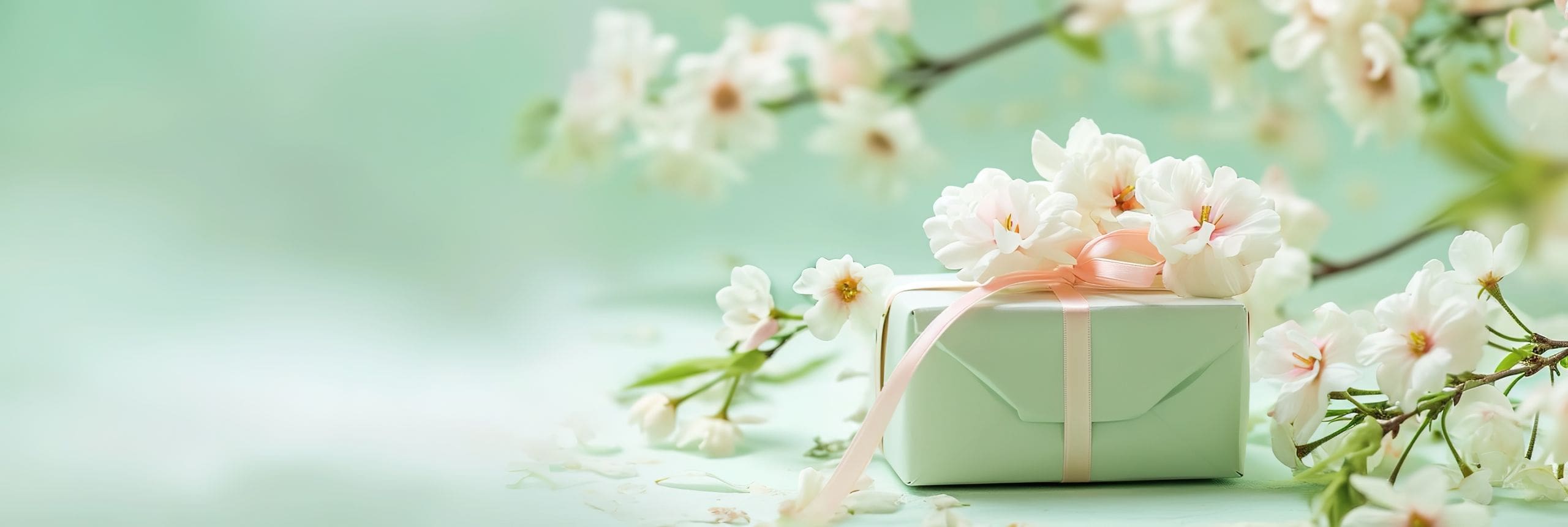 spring pastel colors banner on green, gift box with pink ribbon among flowers, cherry blossoms, mothers day, valentines day and spring sales, copyspase for text.